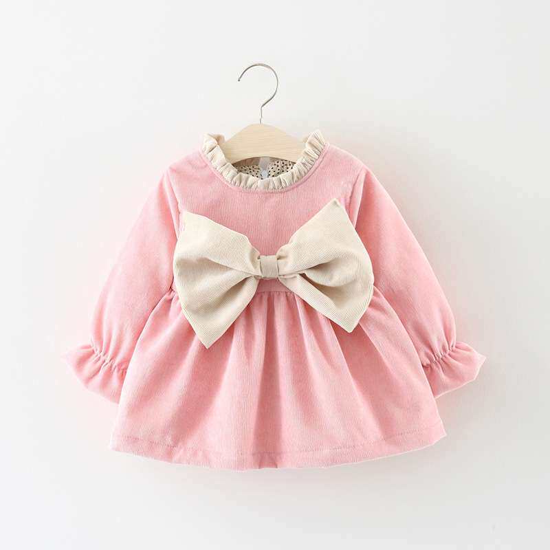 Q童装春季新品女童加厚加绒连衣裙长袖大蝴蝶结裙子小童裙子