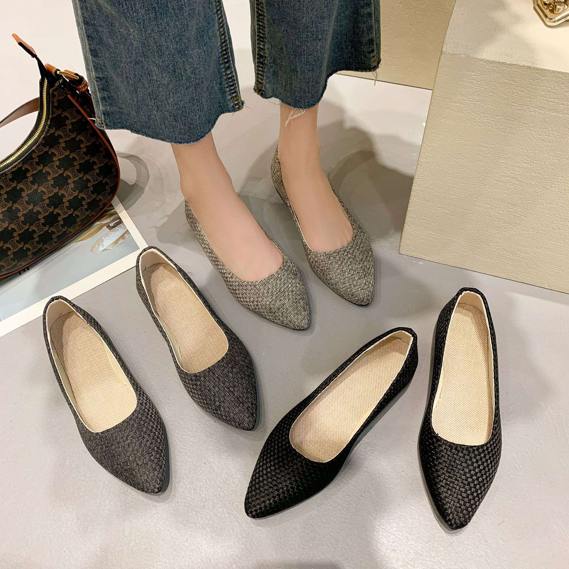 尖头平底单鞋女仿格子编织浅口懒人鞋女2022新款软底瓢鞋大码女鞋