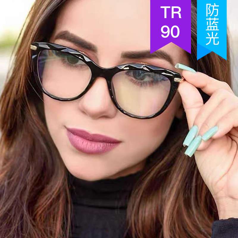 2021时尚水晶切边TR90眼镜架个性金属弹簧腿眼镜框潮流猫眼平光镜