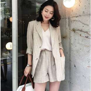 韩版2024夏季新款条纹西服套装女休闲时尚亚麻小香风短裤两件薄款