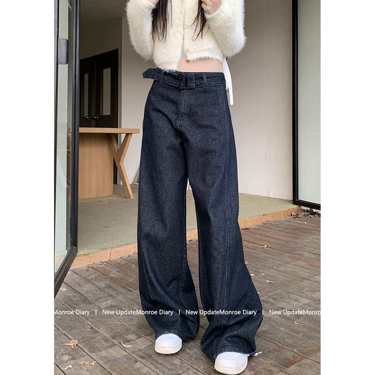 复古深蓝色高腰阔腿牛仔裤女春季设计感宽松直筒垂感裤子拖地长裤