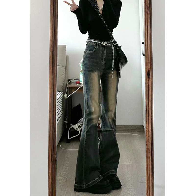 175高个子加长180美式复古做旧微喇叭牛仔裤女秋季高腰修身拖地裤