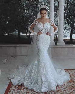 Long Mermaid Sleeve Appliques Gowns Wedding Bridal Dress