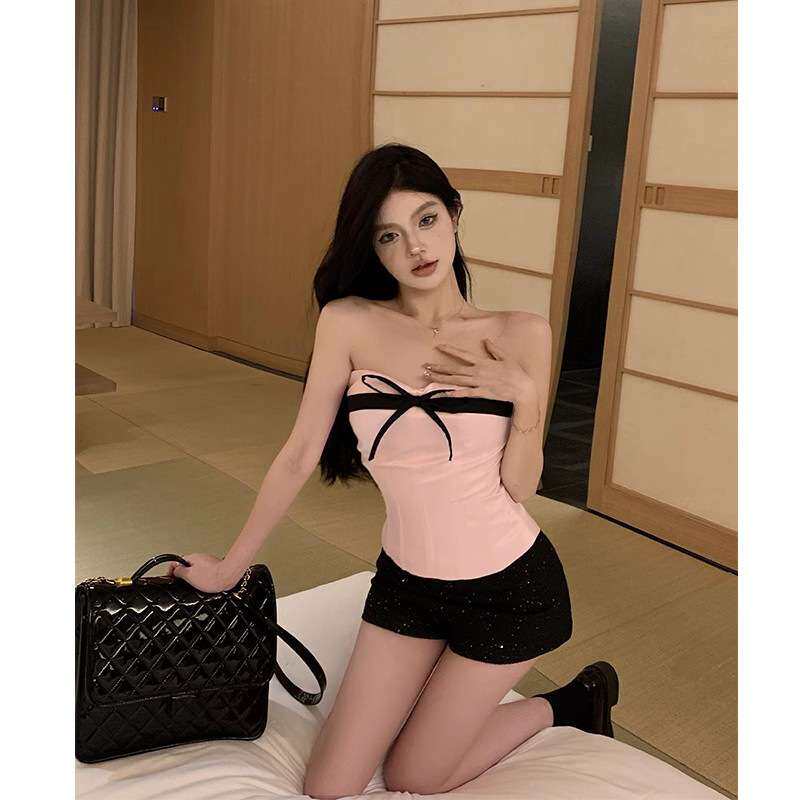 粉色缎面蝴蝶结鱼骨抹胸上衣女夏季纯欲辣妹外穿短款无袖裹胸背心
