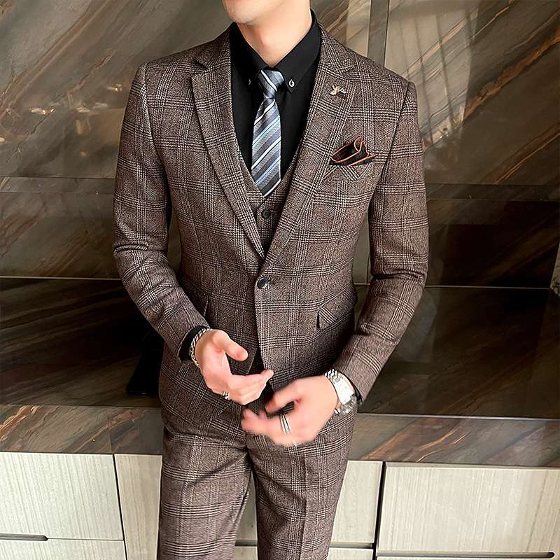一件 2022新款男士格子西装商务休闲宴会礼服韩版西服三件套