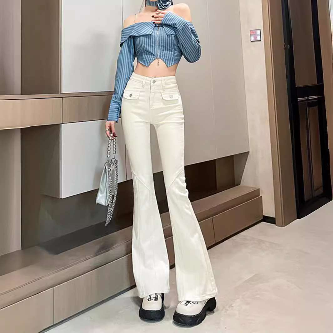 白色高腰微喇牛仔裤女春秋款2024新款小个子修身显瘦弹力喇叭裤子
