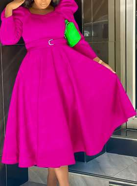 D467亚马逊女装冬新款时尚泡泡袖大码宴会派对礼服外贸连衣裙