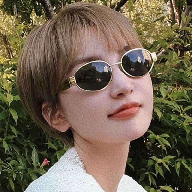 金属复古港风椭圆墨镜女 ins网红高级感个性眼镜美式辣妹太阳镜潮