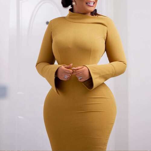 D441独立站2023秋冬新款长袖包臀大码斜领纯色大码女装非洲连衣裙