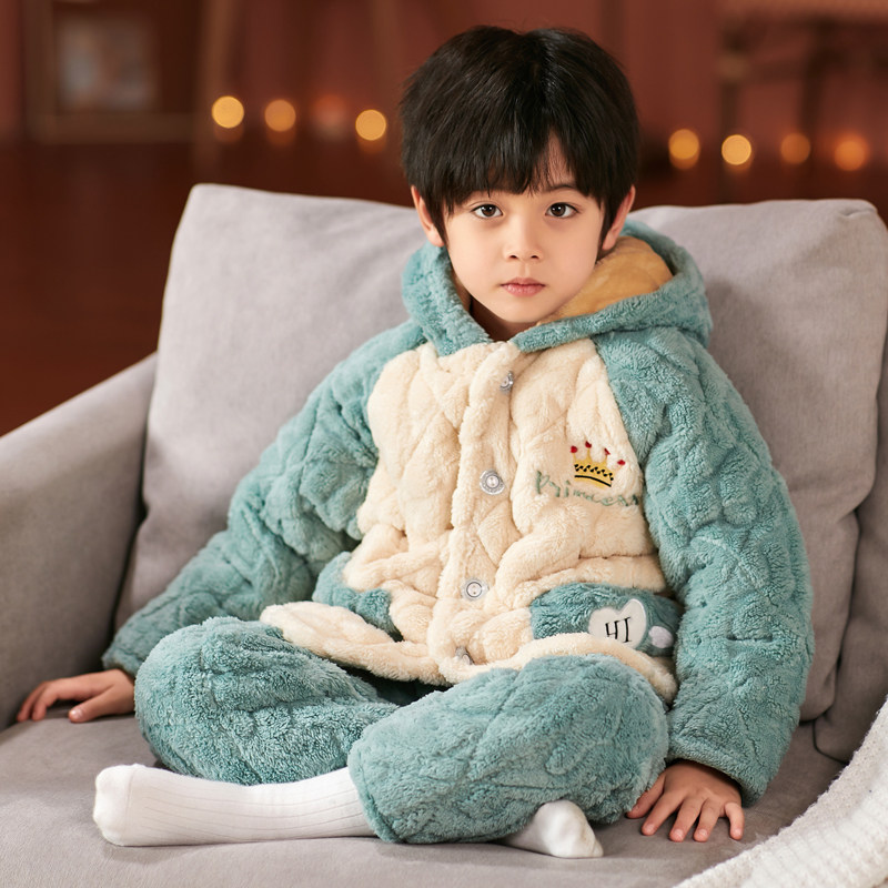 冬季儿童睡衣男童女童珊瑚绒冬天加绒加厚款男孩法兰绒套装可外穿