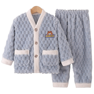 2025新款儿童睡衣秋冬季男童法兰绒加厚款男孩珊瑚绒V领保暖冬款