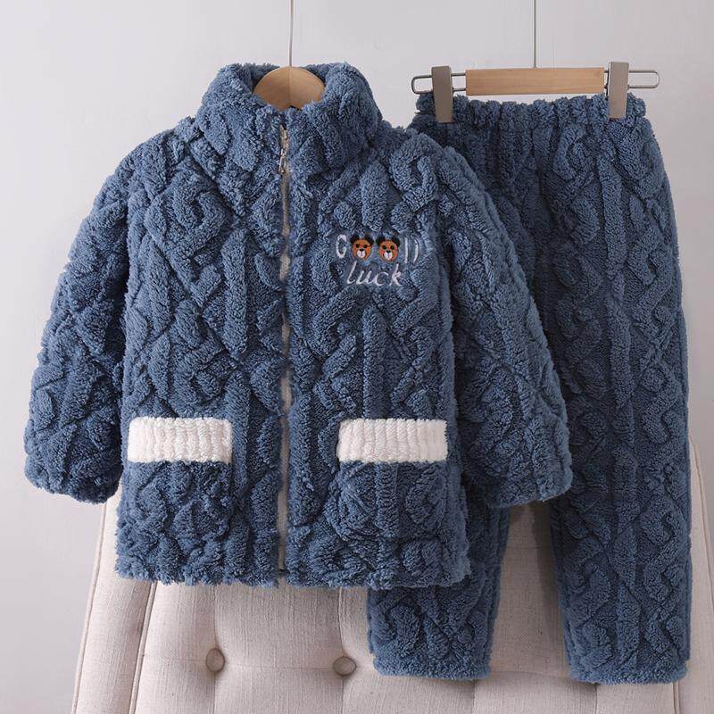 秋冬季儿童睡衣男童法兰绒加厚款冬天中大童男孩子珊瑚绒加绒套装