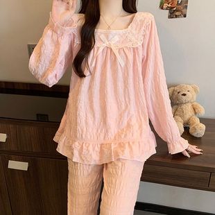 蕾丝甜美方领可外穿家居服套装 韩版 睡衣女春秋冬季 云朵棉长袖 长裤