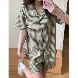 薄款 短裤 夏季 云朵棉短袖 开衫 睡衣女透气亲肤慵懒风条纹家居服套装