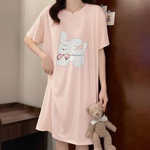 夏季薄款带胸垫短袖睡裙女韩版卡通印花甜美可外穿短款睡衣连衣裙