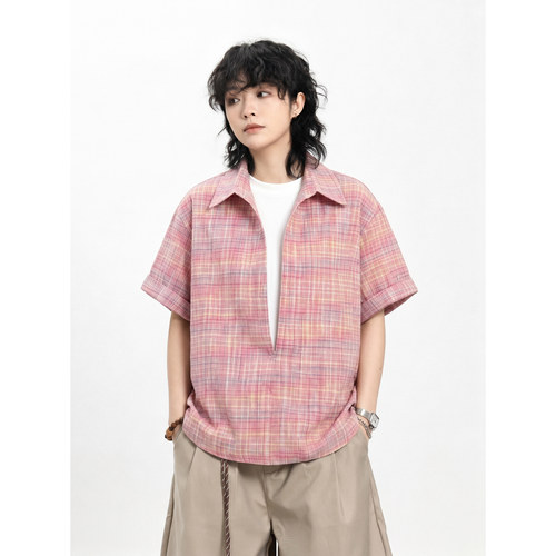 弎狸TIP 假两件格纹泡泡纱短袖T恤衬衫男女夏季薄款半袖宽松外套