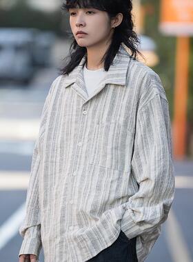 弎狸TIP日系复古亚麻条纹工装长袖衬衫男女廓形衬衣宽松潮