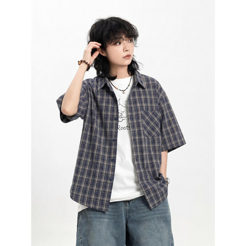 弎狸TIP日系复古原创蓝色短袖衬衫男夏季宽松慵懒半袖衬衣外套女