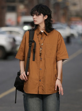 弎狸 TIP  衬衫日系短袖男生纯色美式复古潮流基础百搭宽松女衬衣