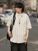 弎狸TIP日系复古亚麻条纹工装 衬衣 男女cityboy廓形半袖 短袖 衬衫