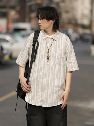 弎狸TIP日系复古亚麻条纹工装短袖衬衫男女cityboy廓形半袖衬衣