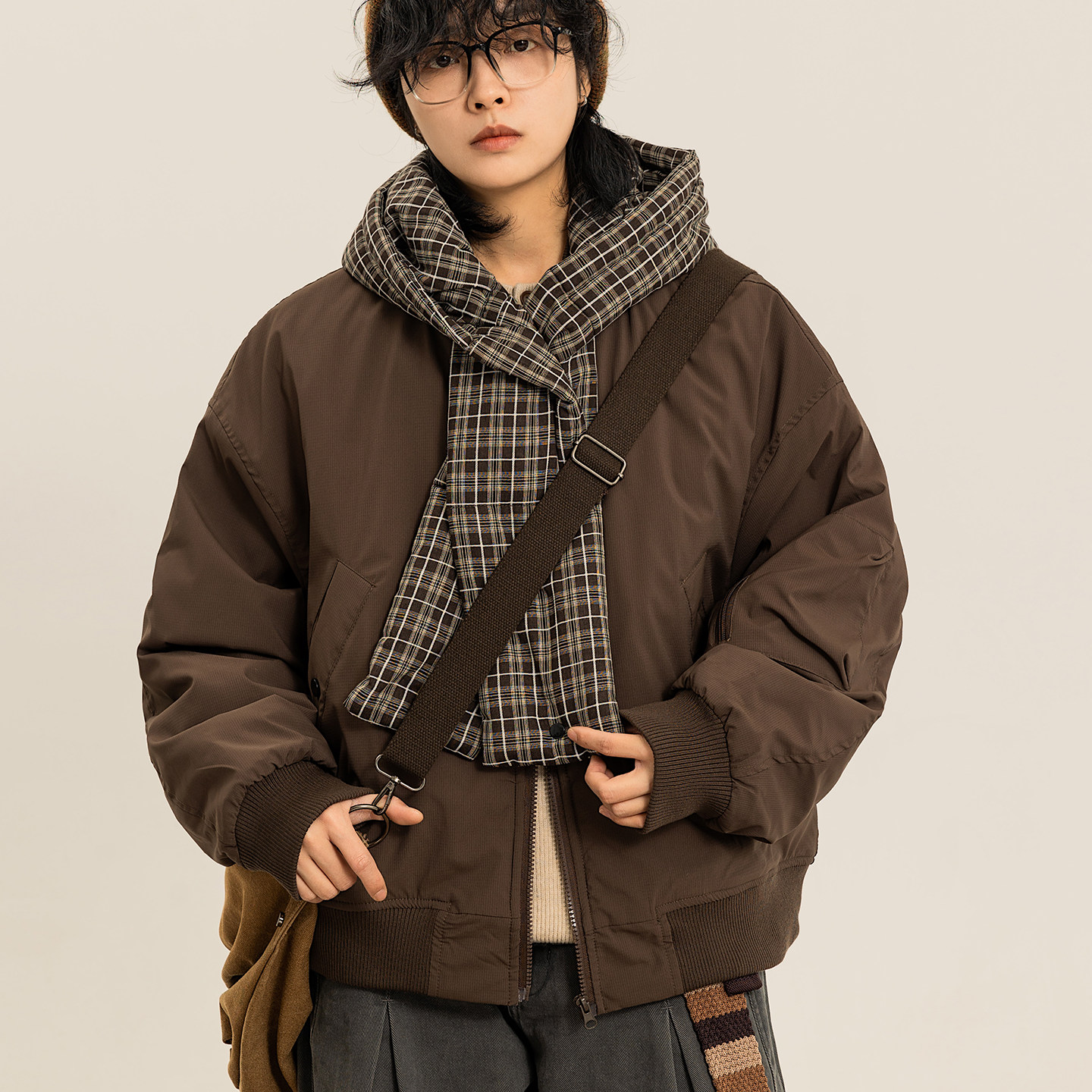 弎狸TIP 日系复古格子拼接围巾连帽棉衣男女短款保暖飞行棉服外套,男装,棉衣,淘宝优惠券,粉丝福利购,淘宝优惠卷