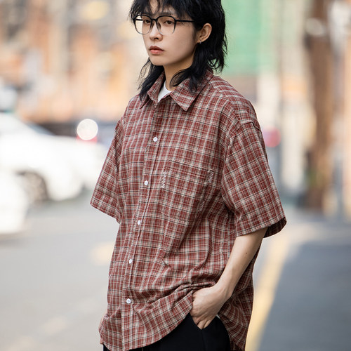 美式复古撞色格子短袖衬衫