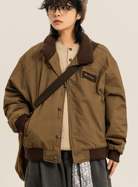 弎狸TIP 日系复古立领羽绒服男短款卡其色拼接中性休闲风保暖外套