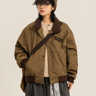 弎狸TIP 日系复古立领羽绒服男短款卡其色拼接中性休闲风保暖外套