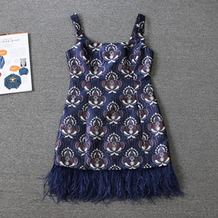 today shi F30 复古图案流苏吊带连衣裙we 纽约奢侈女装