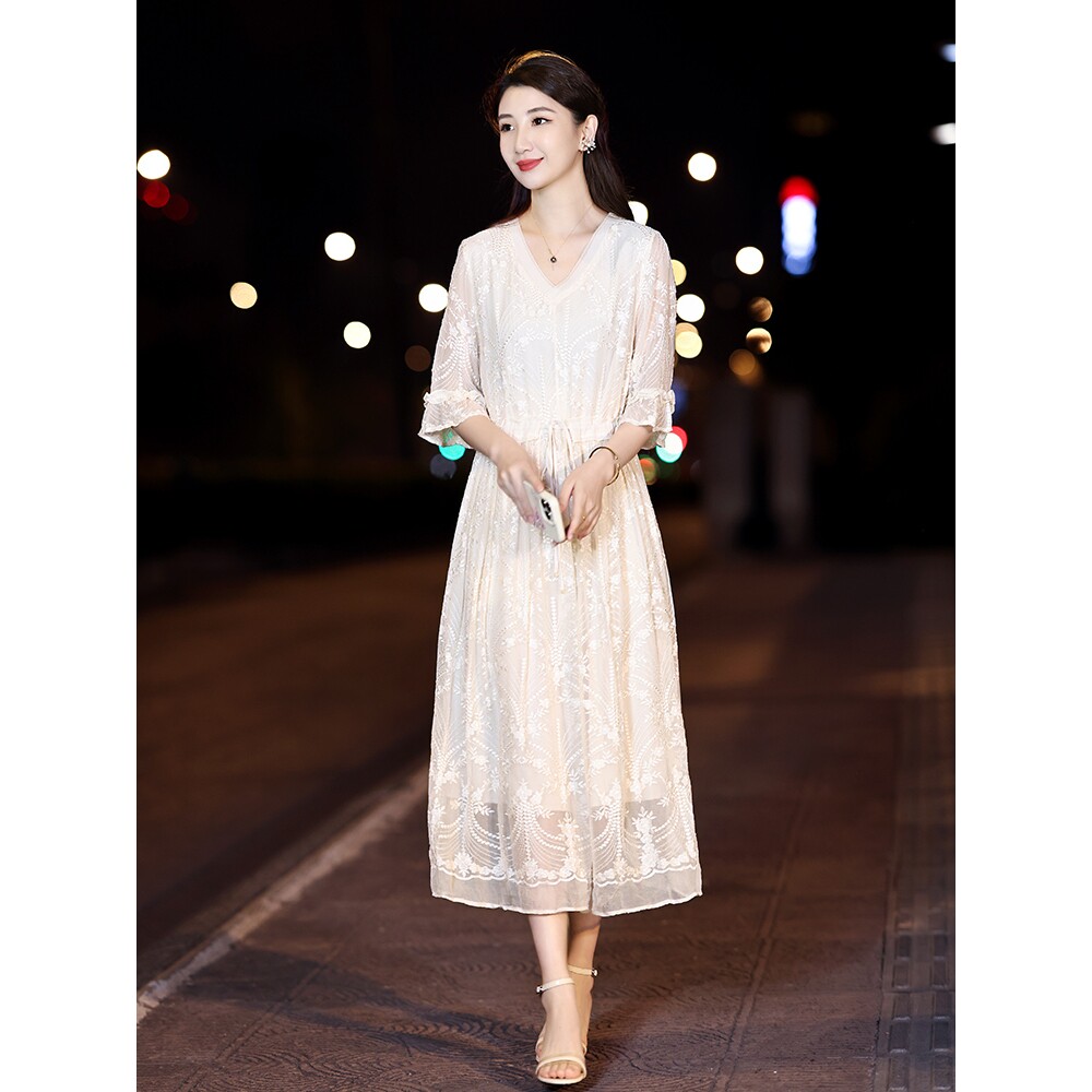 声雨竹高端妈妈装夏真丝连衣裙女新款短袖时尚减龄中长款桑蚕丝裙