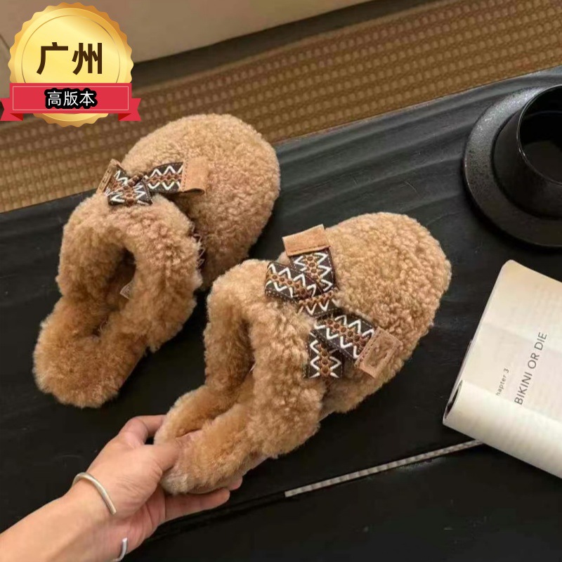 UG家桑坡羊皮毛一体蝴蝶结泰迪羊羔卷毛麦克斯卷毛拖毛绒包头拖鞋