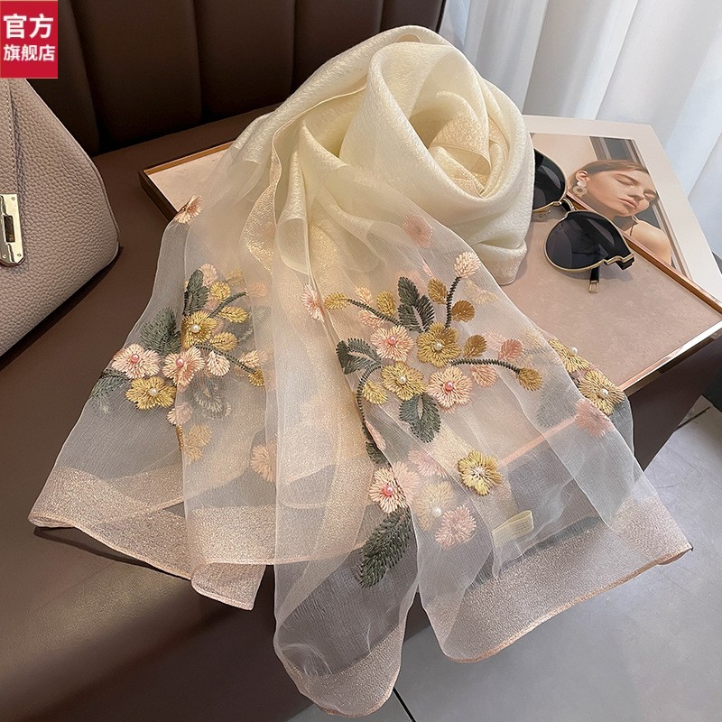 法国进口适用LV花卉真丝羊毛围巾女手工绣花丝巾披肩长款纱巾妈妈