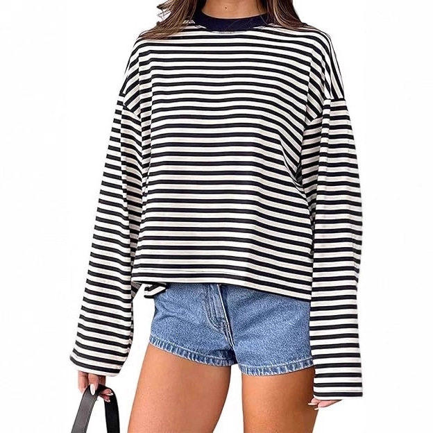Striped lazy style round neck long sleeved T-shirt for women