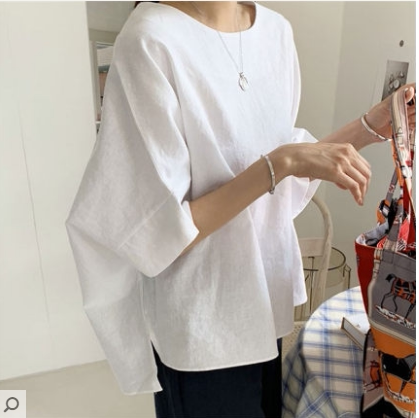 日系宽松大码棉麻衬衫女21夏复古胖mm慵懒风显瘦蝙蝠短袖衬衣上衣