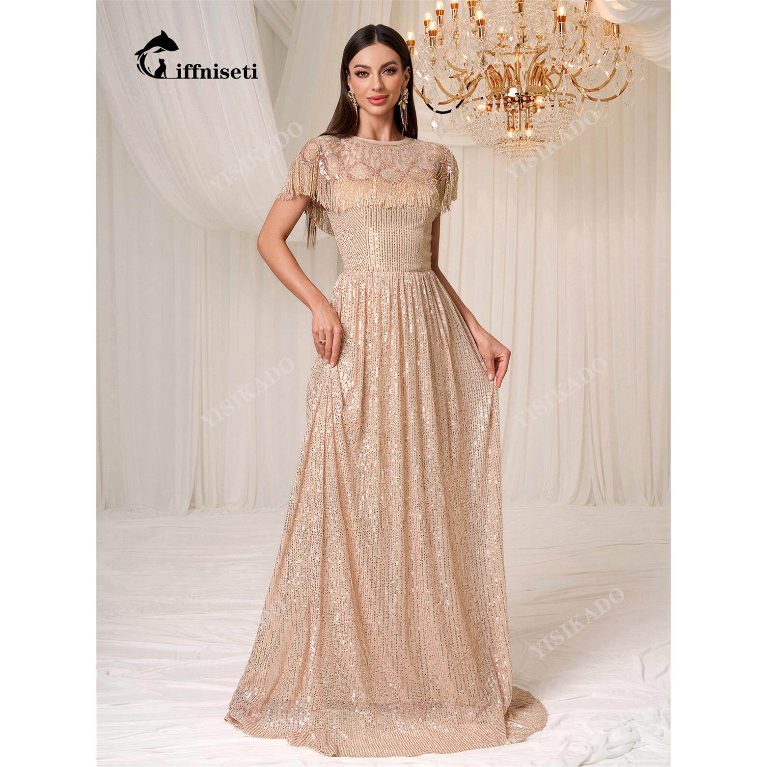 欧美女士舞会晚礼服奢华亮片串珠装饰披肩裙 Sequin Party Dress