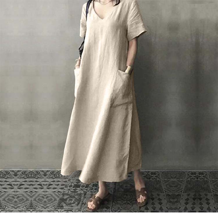 日韩宽松短袖V领口袋棉麻连衣裙2021春夏200斤大码女装长款大摆裙