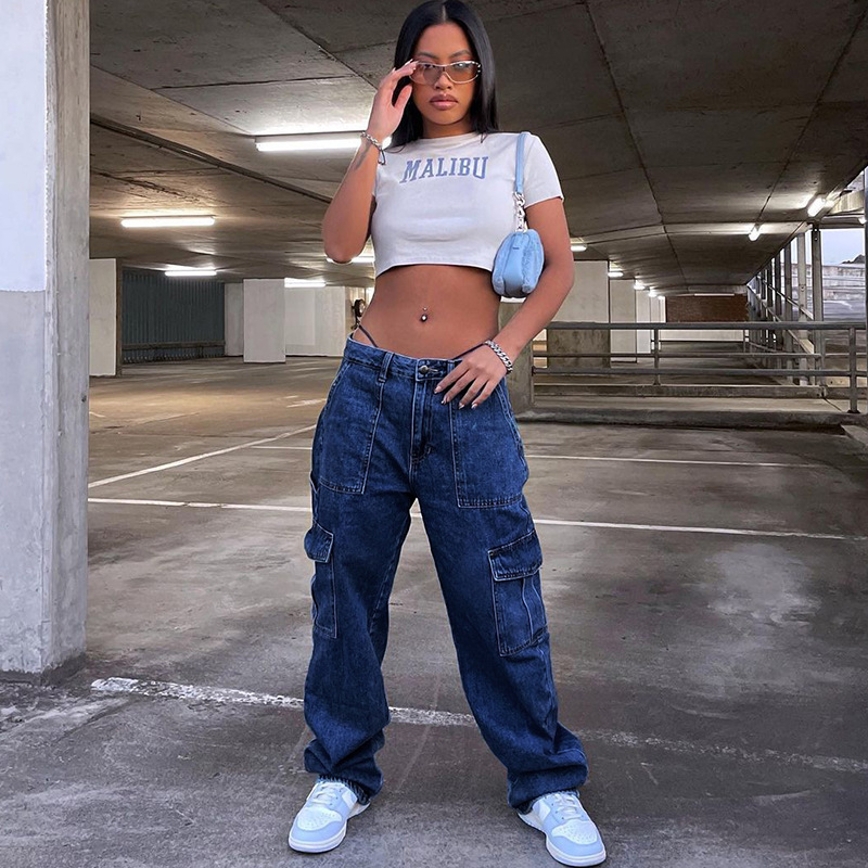 Y2k Cargo Pants Women's Jeans Denim Overalls 90s Low Ris