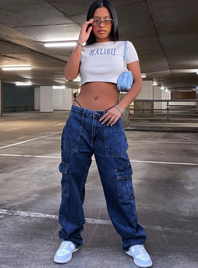Y2k Cargo Pants Women's Jeans Denim Overalls 90s Low Ris