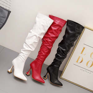外贸新款修腿显瘦长靴女尖头白色高跟酒杯跟及膝靴 Women Boots