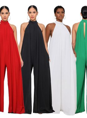 summer halter neckoff shoulder纯色休闲雪纺宽松气质女装连体裤