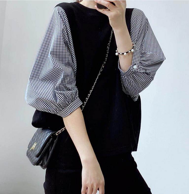 欧美风速卖通学生圆领格子拼接假两件套头宽松七分袖T恤上衣shirt
