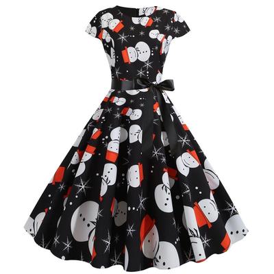 C0583跨境圣诞节赫本风复古女装圆领包袖雪人印花连衣裙配黑丝带