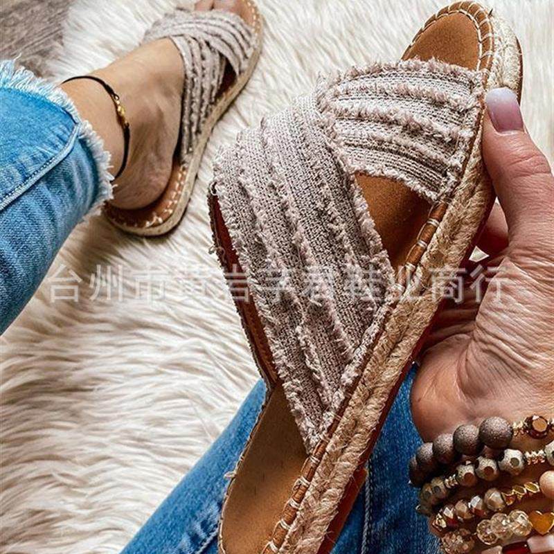 速卖通2021夏季新款平底草编交叉外贸大码拖鞋波西米亚外穿凉拖鞋,女鞋,一字拖,淘宝优惠券,粉丝福利购,淘宝优惠卷