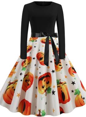 C5387跨境电商女装货源外贸欧美复古印花大摆裙现货