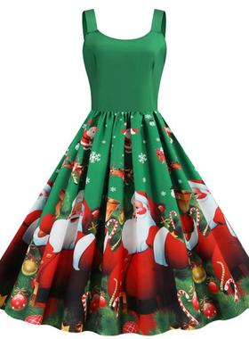 L9181 跨境外贸圣诞节女装厂家货源性感背心印花赫本风复古大摆裙
