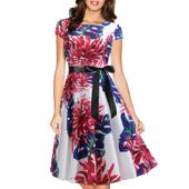 款 夏季 复古女装 热卖 圆领盖袖 印花大摆型连衣裙配黑丝带收腰8021