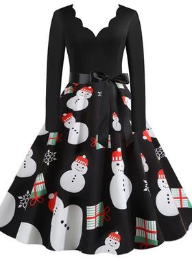 L9363 圣诞节货源赫本复古女装秋冬季烧花V领长袖印花大摆连衣裙