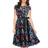 圆领盖袖 跨境夏季 复古女装 音符印花大摆型连衣裙配黑丝带收腰8023