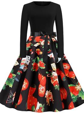 C5516跨境圣诞节新款外贸大码复古女装圆领长袖印花大摆连衣裙